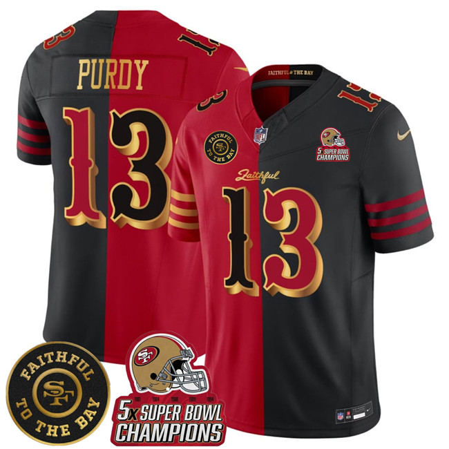 Youth San Francisco 49ers Active Player Custom Black/Red Split F.U.S.E. Faithful To The Bay Patch And 5x Super Bowl Champions Patch Vapor Limited Stitched Football Jersey